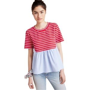 Anthropologie Elis Peplum Top Red and Light Blue Striped Short Sleeve Top